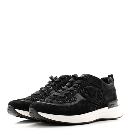 Chanel Calfskin Mesh Lycra Suede Womens Logo Sneakers 37.5 Black 3 of 8