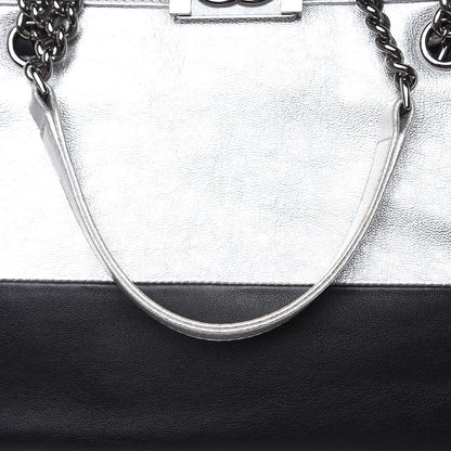 Chanel Metallic Goatskin Calfskin Bi-Color Large Boy Tote Black Silver 15 of 18