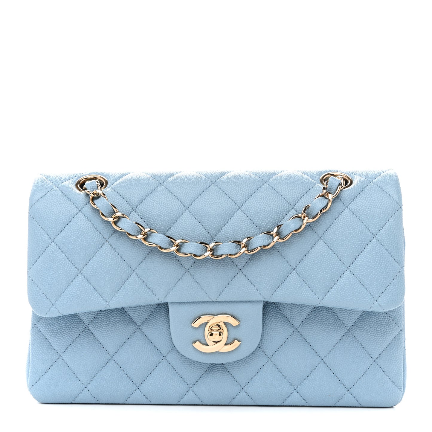 Caviar Quilted Small Double Flap Light Blue