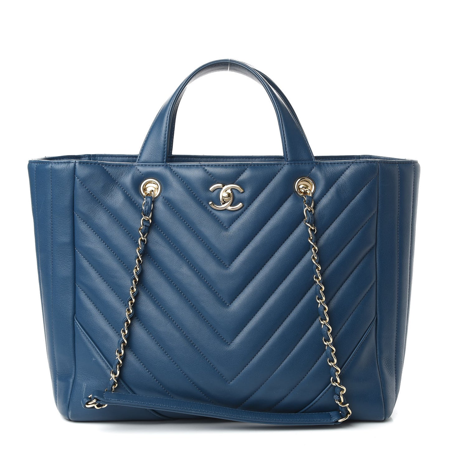 Calfskin Chevron Quilted Statement Shopping Tote Blue