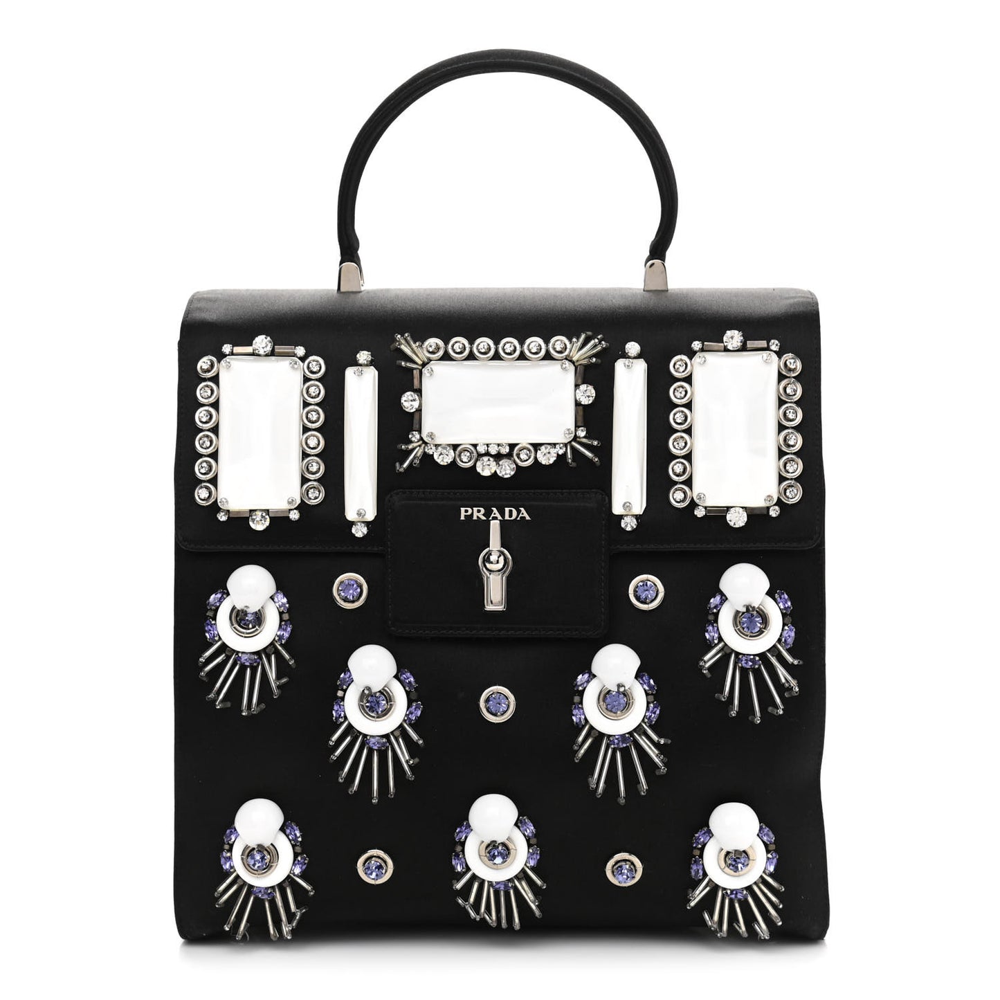 Satin Raso Crystal Embellished Ricamo Shoulder Bag Black