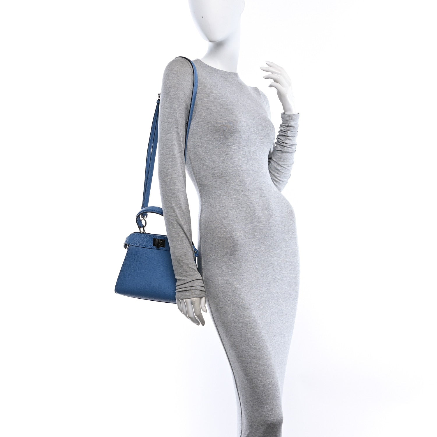 Fendi Cuoio Romano Selleria Macro Stitchings Mini Peekaboo Iconic Satchel Argento Blue 2 of 9
