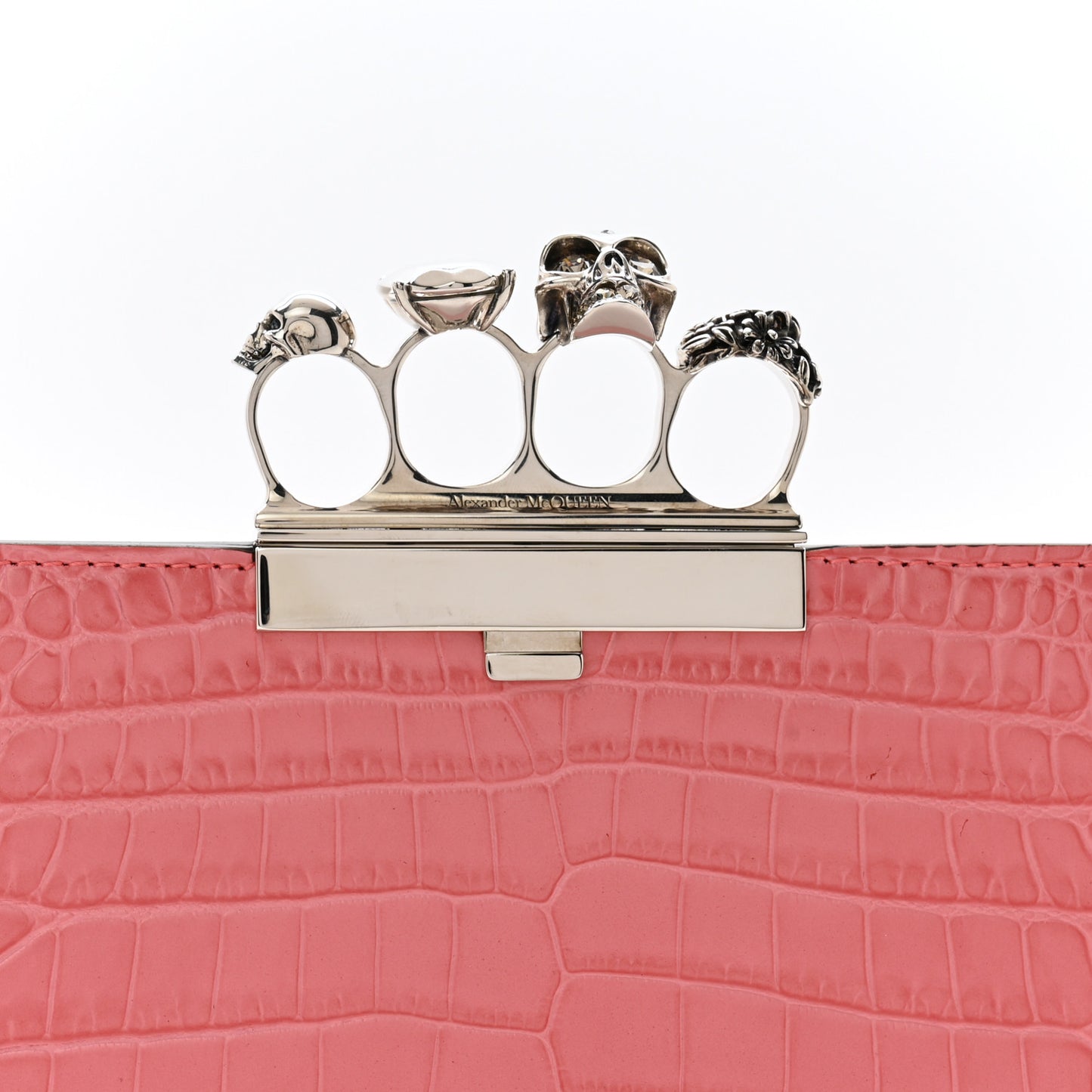 Calfskin Crocodile Embossed Knuckle Flat Clutch Coral