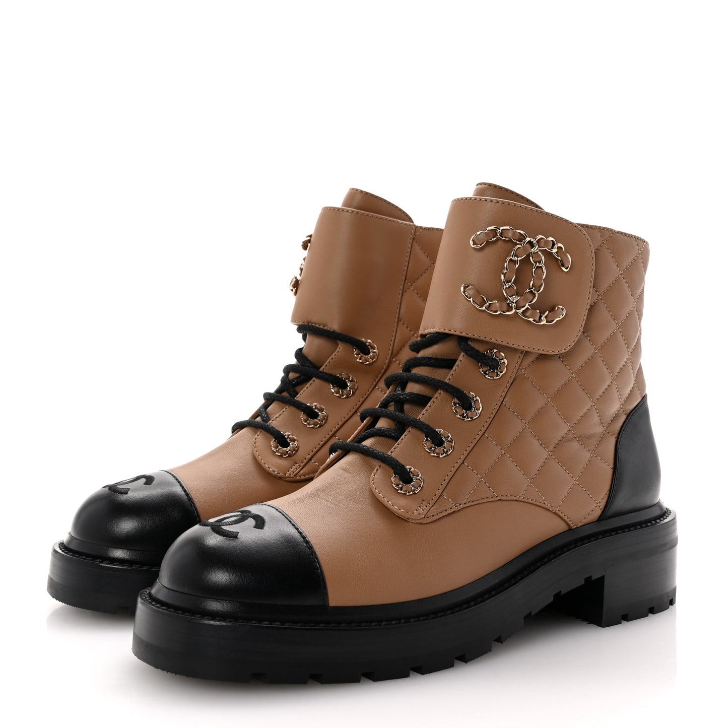 Lambskin Calfskin Quilted Lace Up Combat Boots 37.5 Light Brown Black