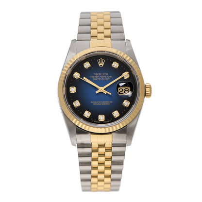 Rolex Stainless Steel 18K Yellow Gold Diamond 36mm Oyster Perpetual Datejust Watch Blue 16233 1 of 5