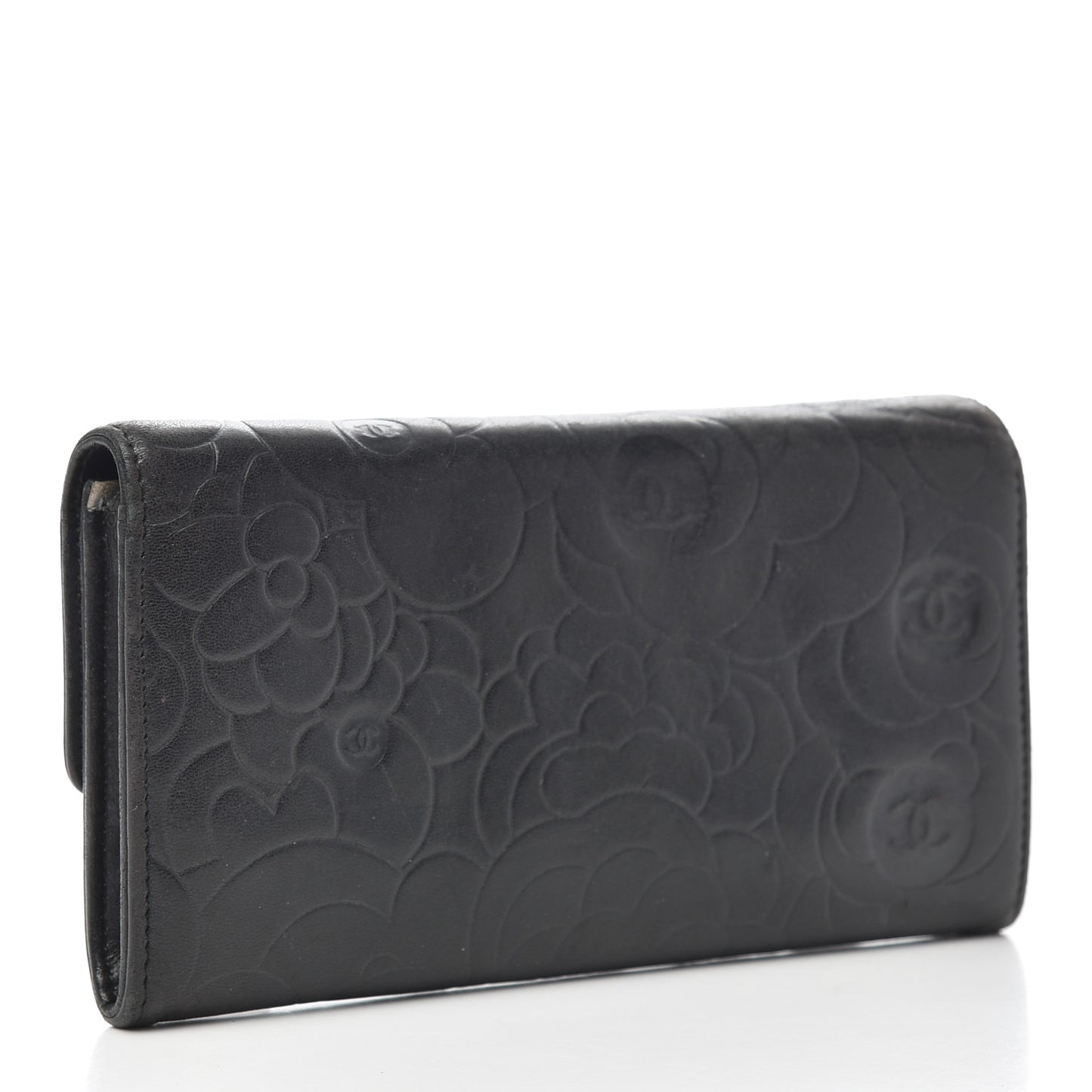 Lambskin Camellia Embossed Large Gusset Flap Wallet Black