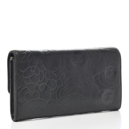 Chanel Lambskin Camellia Embossed Large Gusset Flap Wallet Black 3 of 14