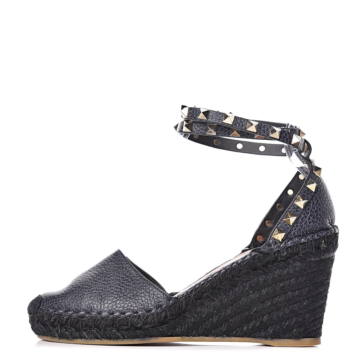 Grained Calfskin Rockstud Ankle Wrap Espadrille 15/75mm Wedges 36 Deep Denim