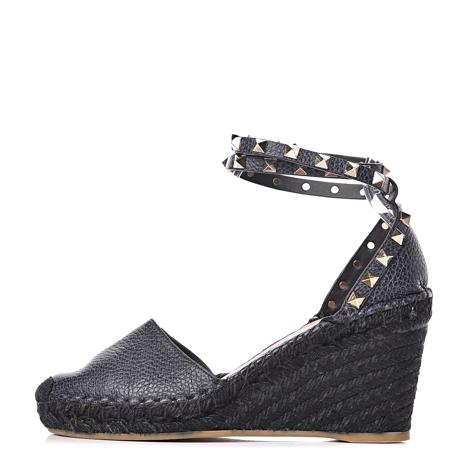 Valentino Garavani Grained Calfskin Rockstud Ankle Wrap Espadrille 15/75mm Wedges 36 Deep Denim 1 of 12