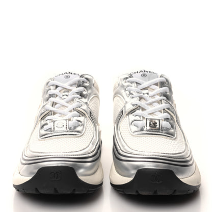Chanel Fabric Laminated Calfskin Stretch CC Womens Sneakers 40 White Gold Silver 2 of 9