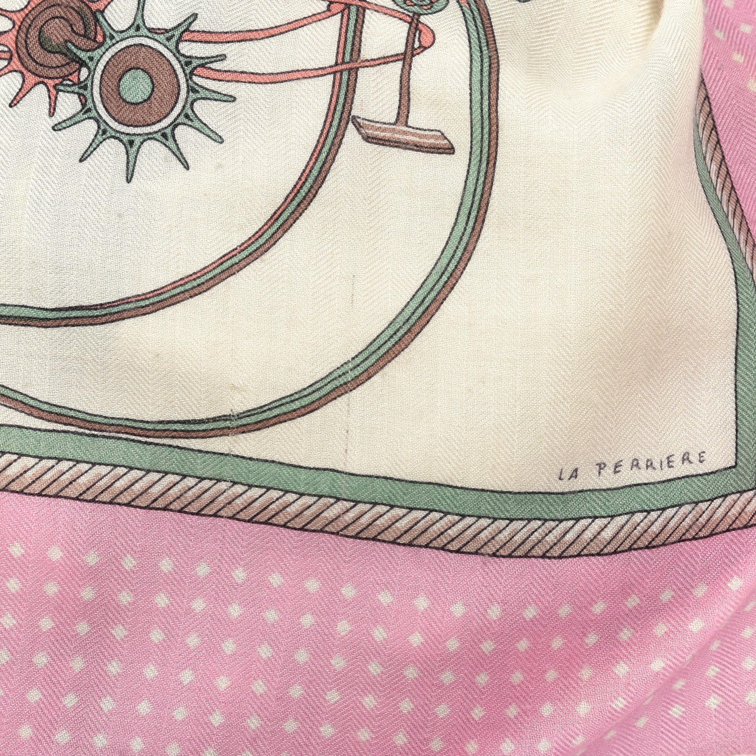 Hermes Cashmere Silk Les Voitures A Transformation Shawl 140 Blanc Vert Amande Rose Dragee 4 of 4