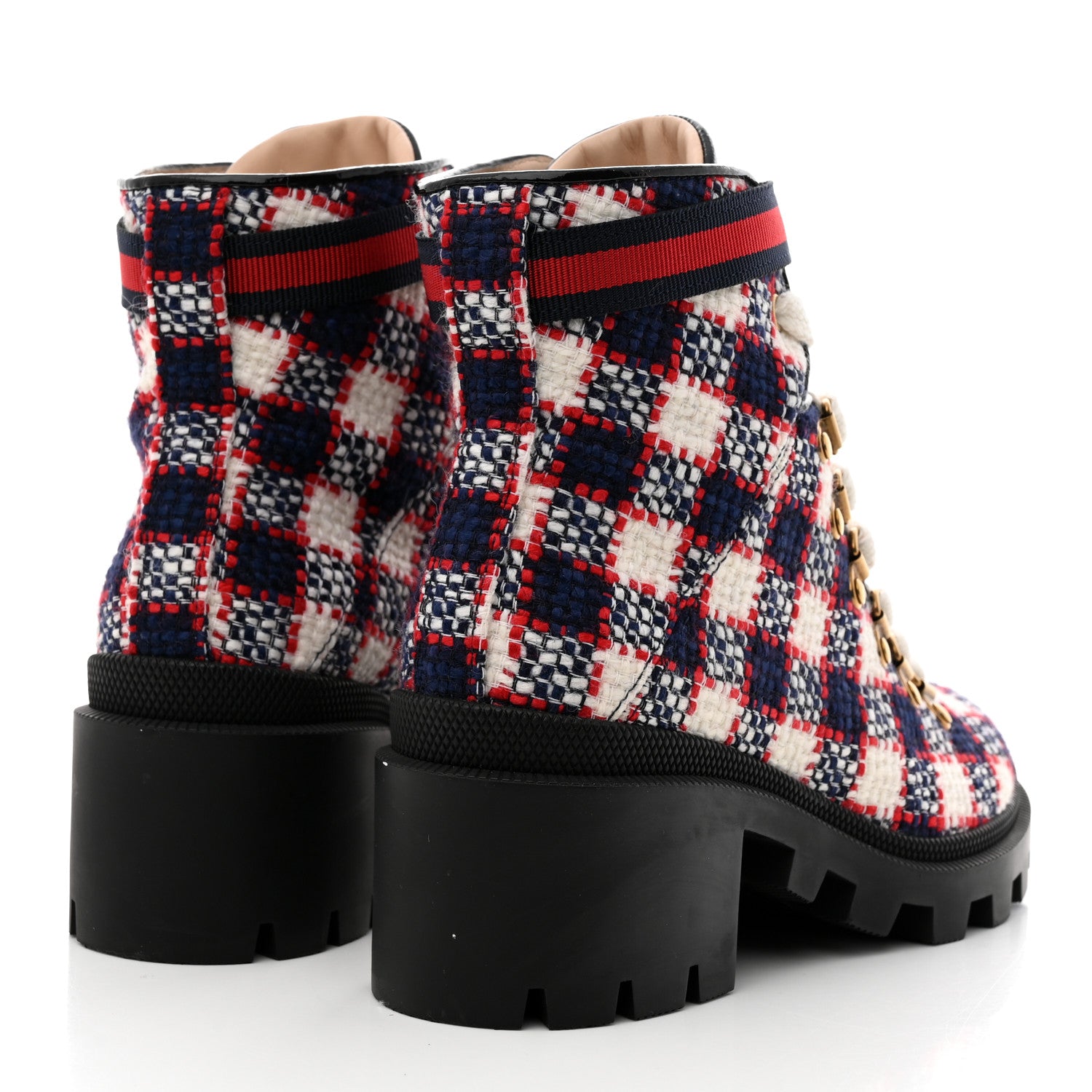 Gucci Vintage Tweed Check Lace Up Combat Ankle Boots 36.5 White Hibiscus Red Marine 4 of 9