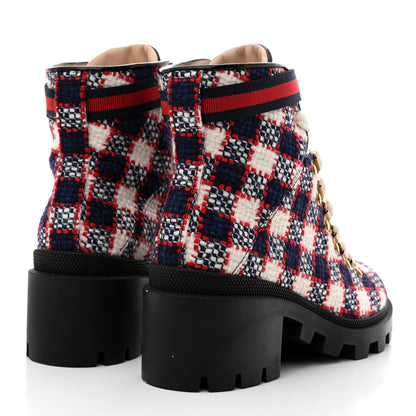 Gucci Vintage Tweed Check Lace Up Combat Ankle Boots 36.5 White Hibiscus Red Marine 4 of 9