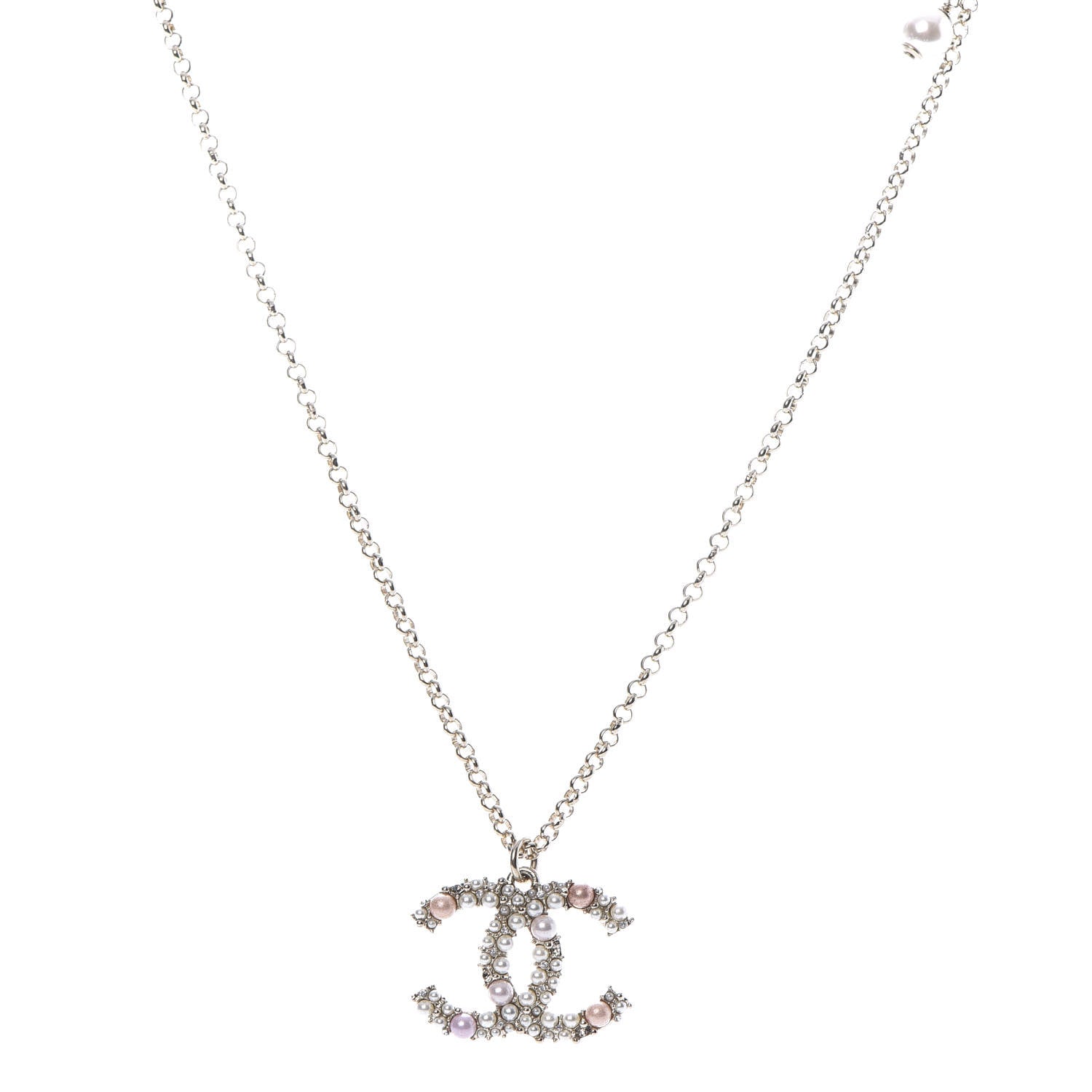 Chanel Crystal Pearl CC Pendant Necklace Gold Pink 1 of 6