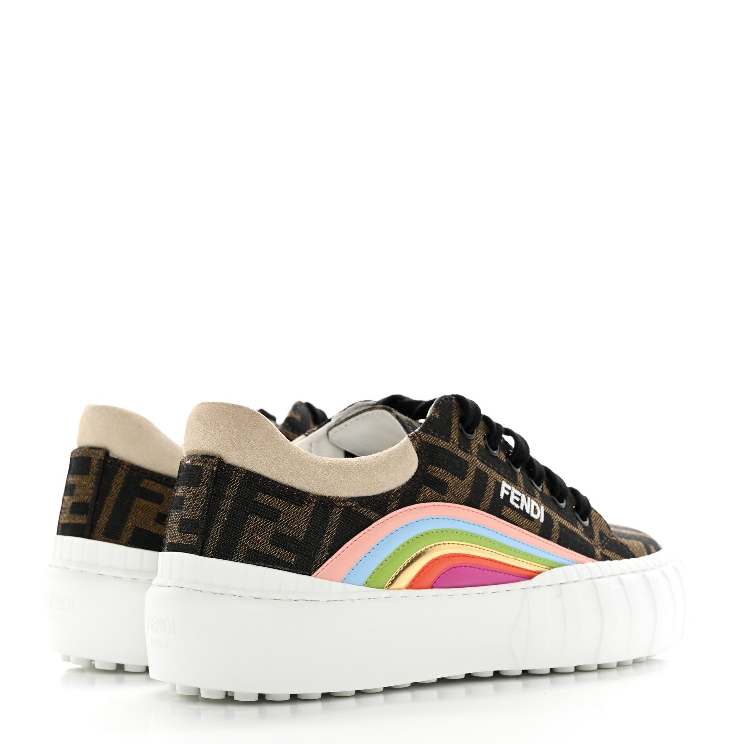 Fendi Fabric Jacquard FF Rainbow Womens Fendi Force Low-Top Sneakers 37 Tobacco Black White Multicolor 5 of 12