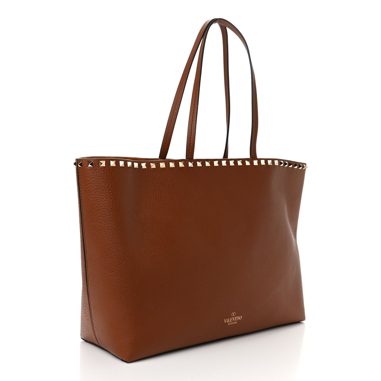 Grained Calfskin Rockstud Shoulder Tote Bright Cognac