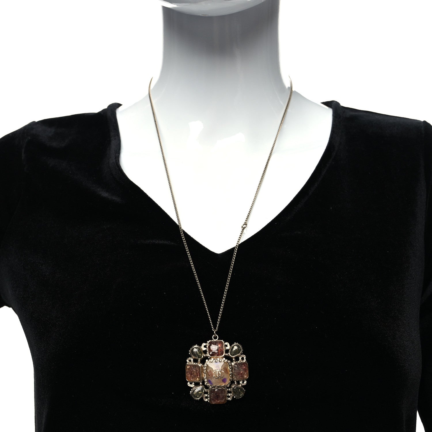 Chanel Gripoix Glitter Crystal CC Pendant Necklace Gold Multicolor 2 of 5