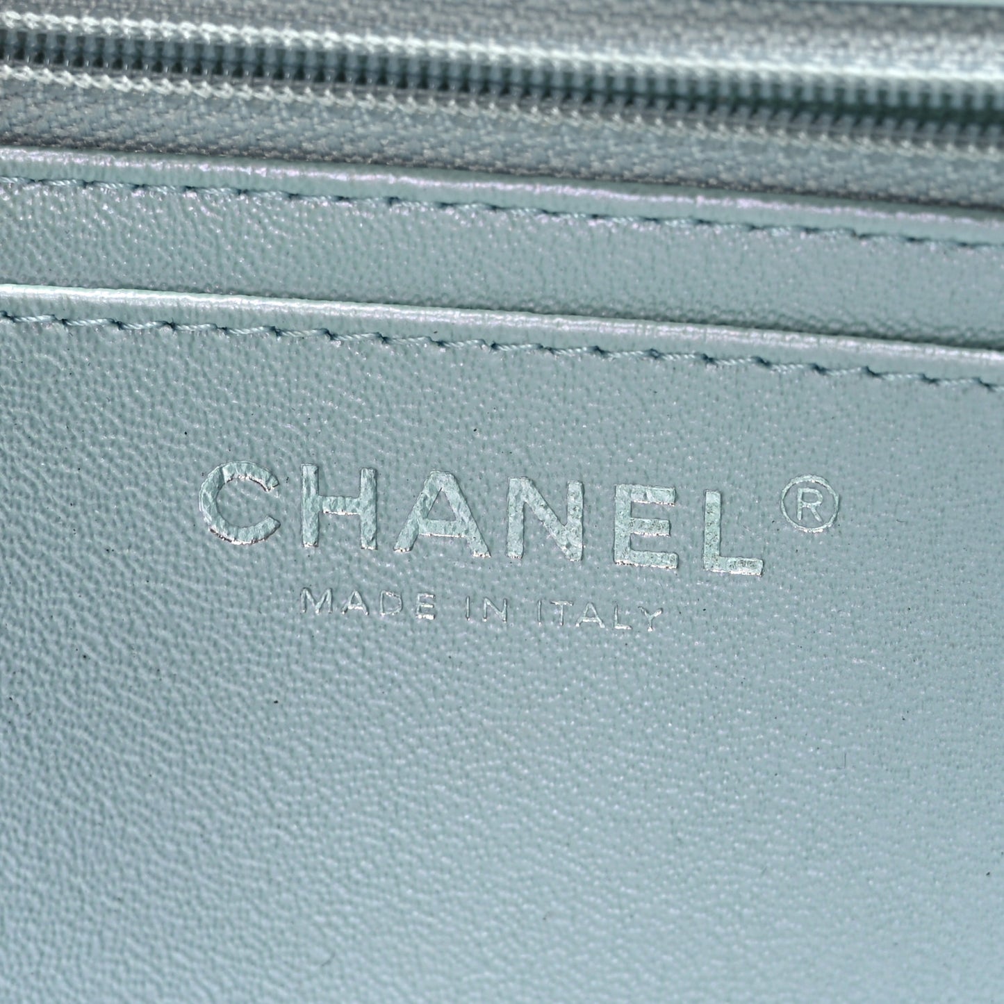 Iridescent Calfskin Quilted Mini Rectangular Flap Light Blue