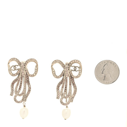 Chanel Crystal Pearl Bow CC Clip On Earrings Silver Pink 2 of 5