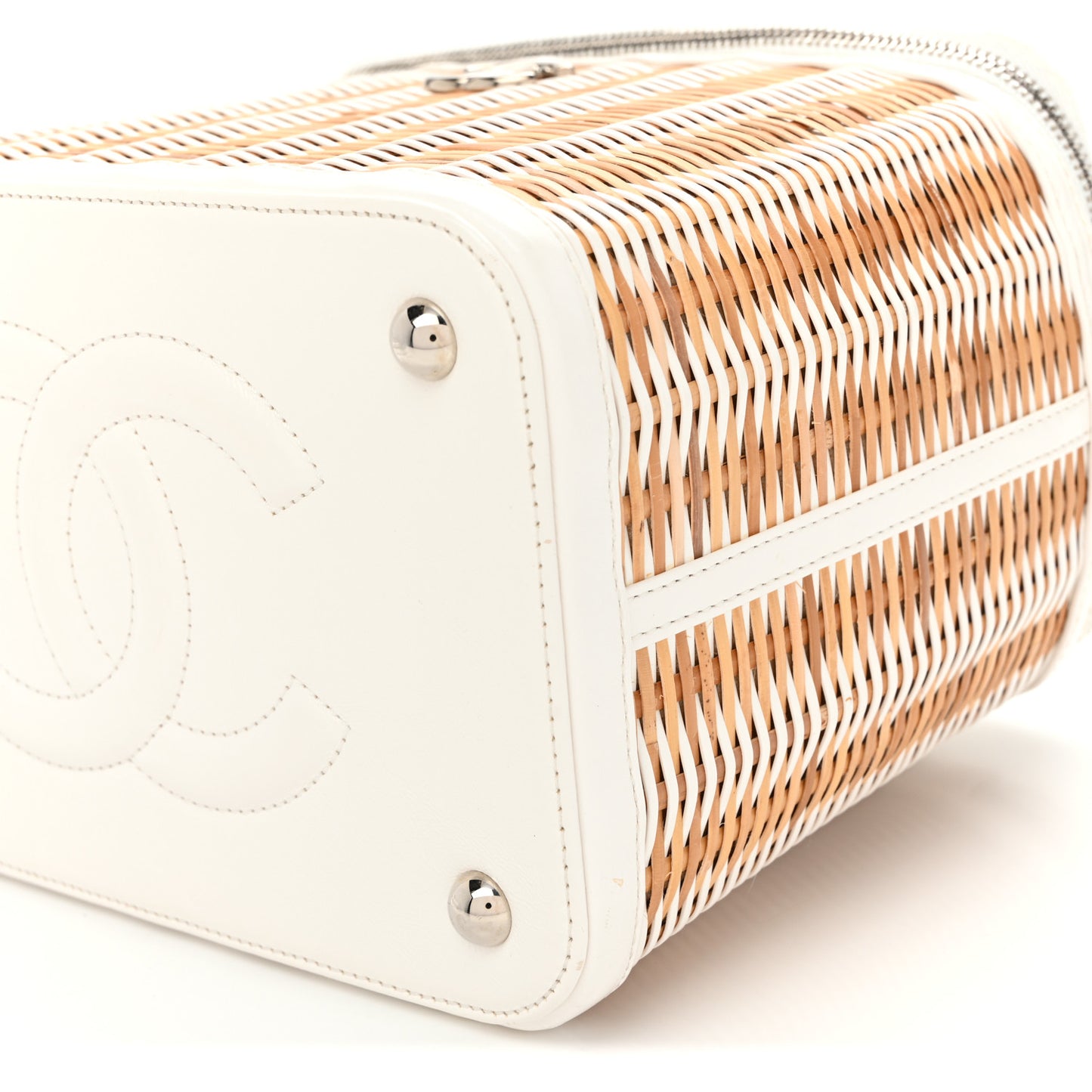 Glazed Calfskin Raffia Vanity Case Bag White Beige