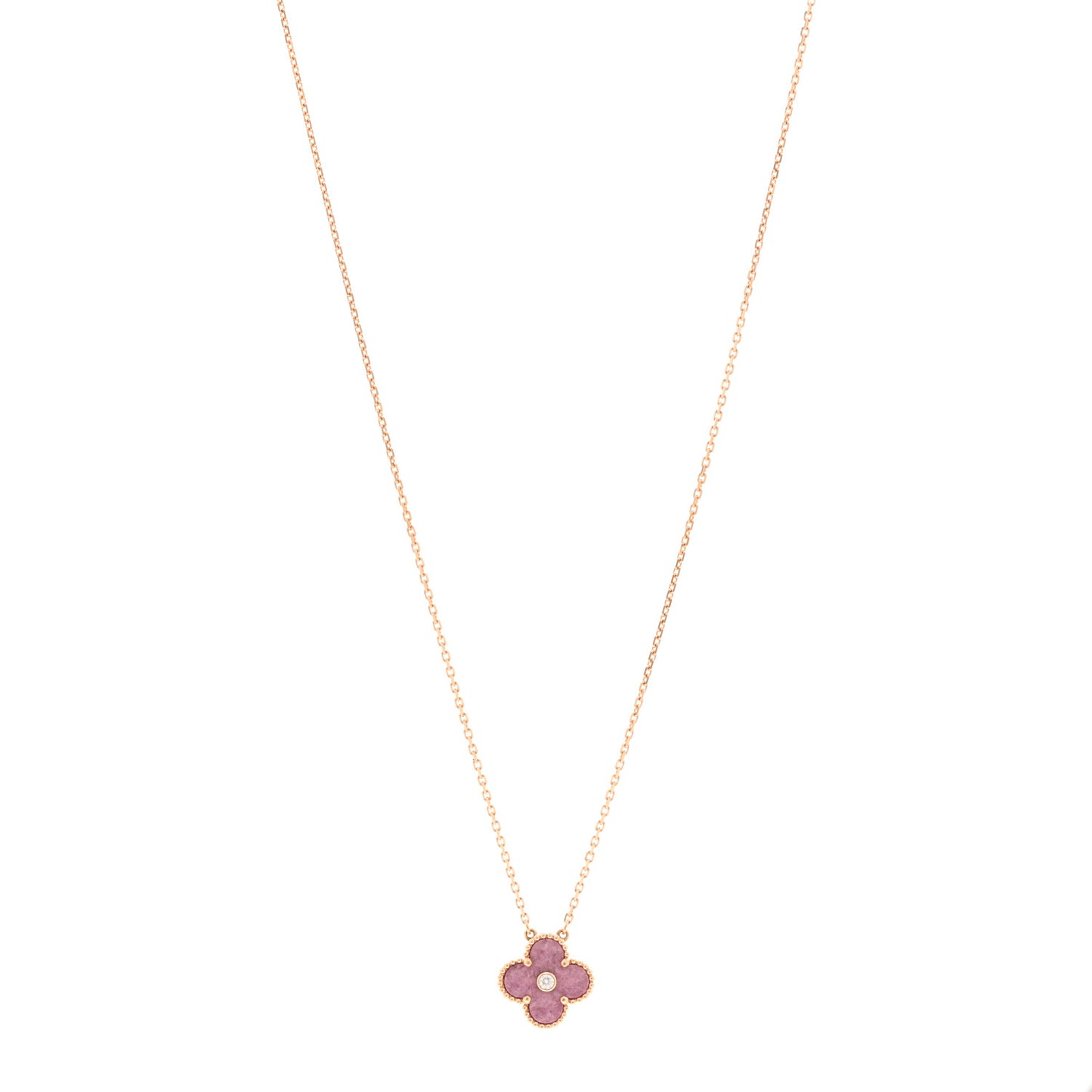 18K Rose Gold Diamond Rhodonite Vintage Alhambra Pendant Necklace
