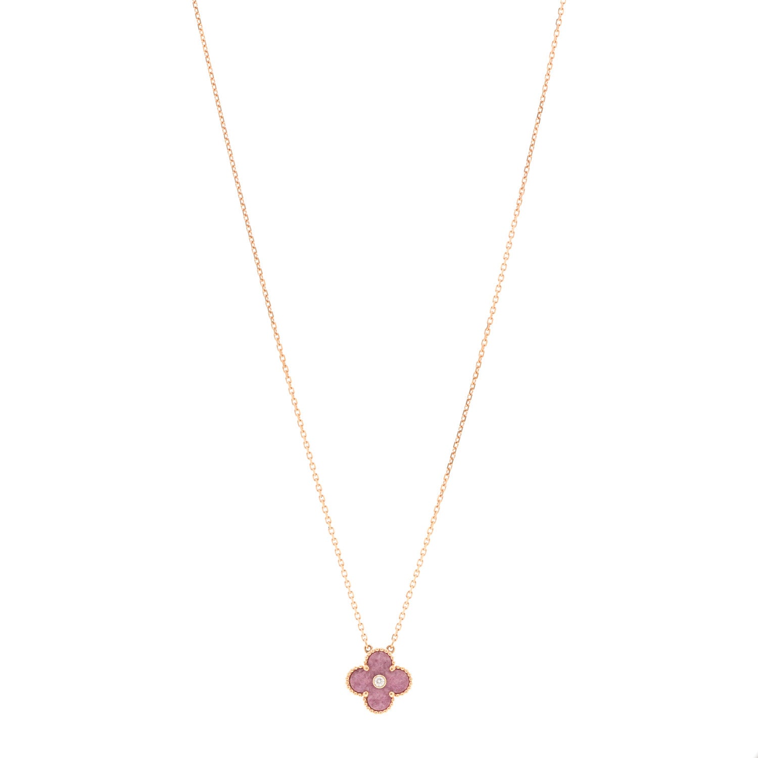 Van Cleef & Arpels 18K Rose Gold Diamond Rhodonite Vintage Alhambra Pendant Necklace 1 of 6