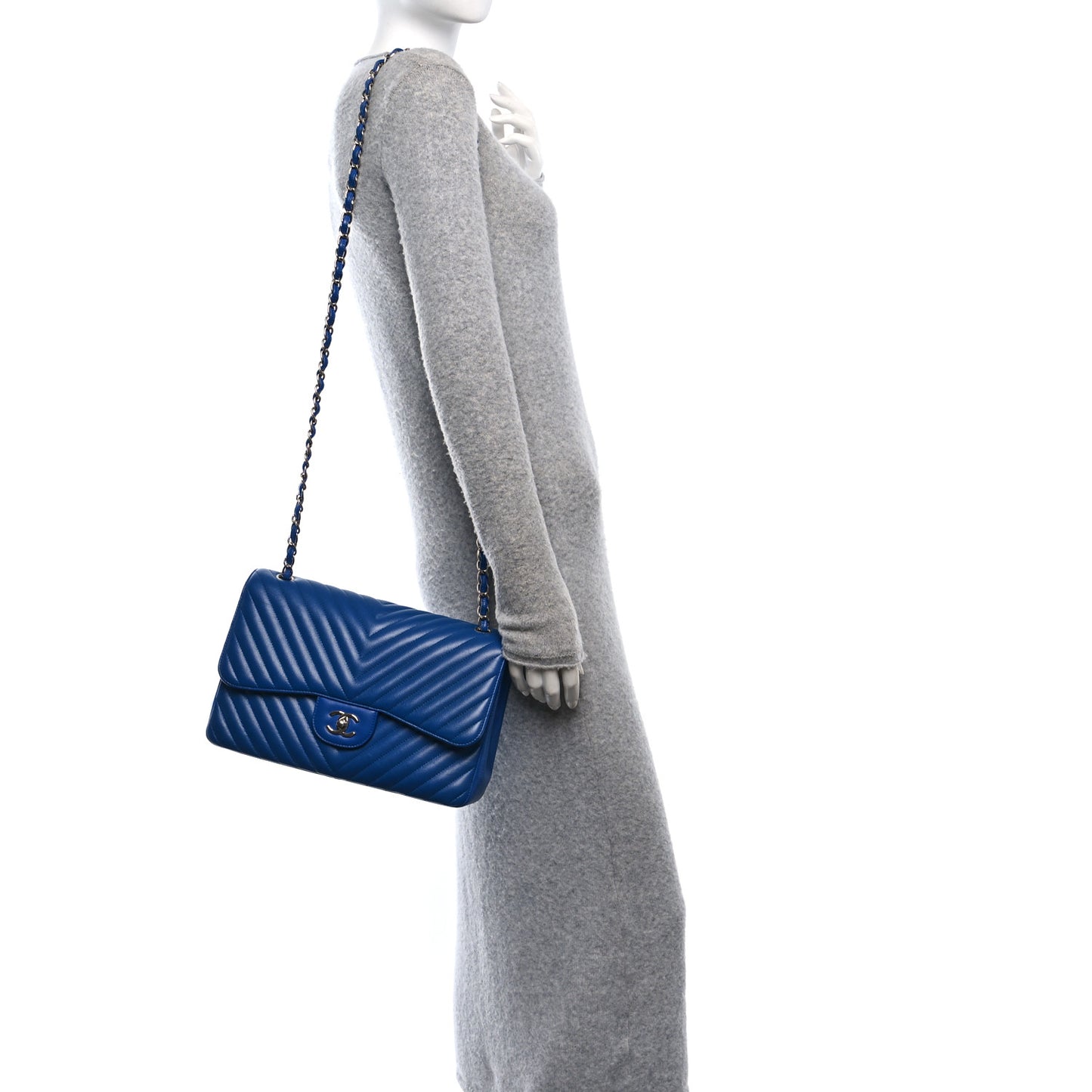 Caviar Chevron Quilted Jumbo Double Flap Blue