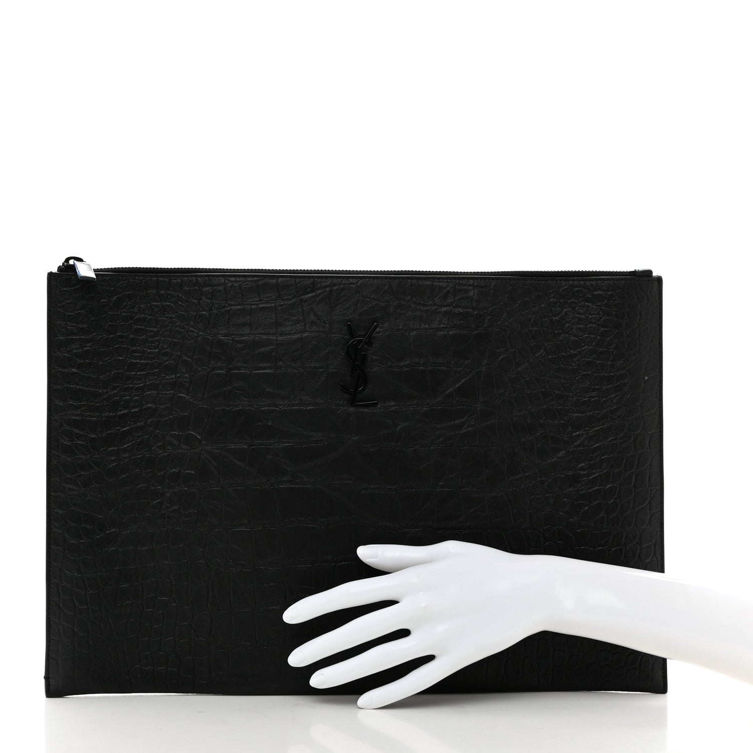 Saint Laurent Calfskin Crocodile Embossed Monogram Document Holder Black 2 of 8