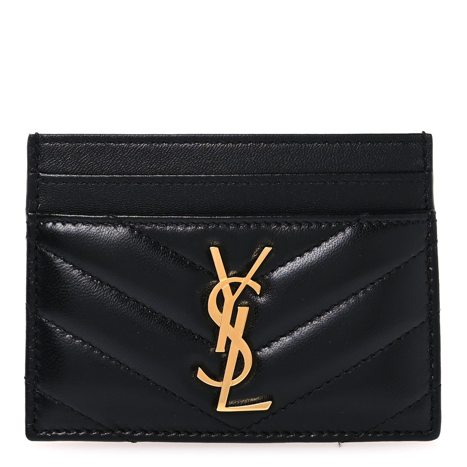 Saint Laurent Lambskin Matelasse Chevron Monogram Credit Card Case Black 1 of 9