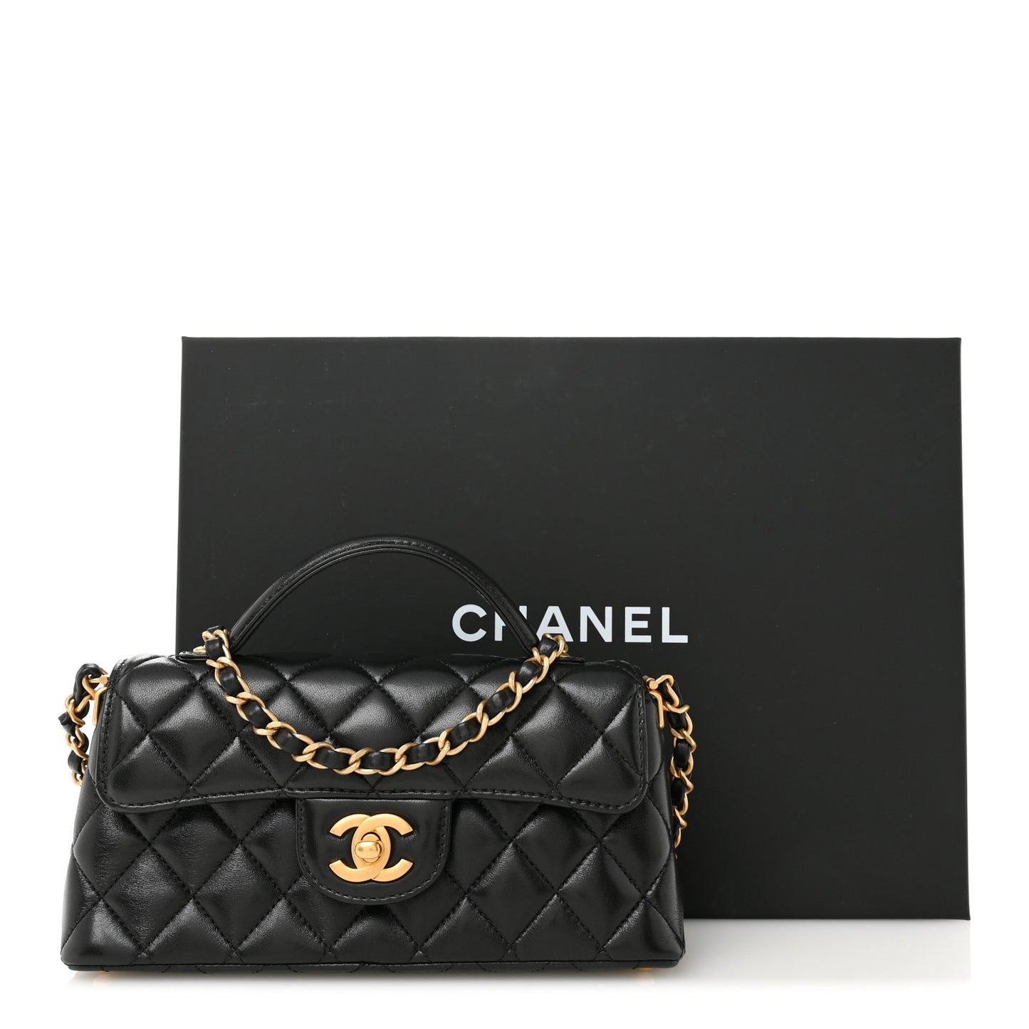 Lambskin Quilted Mini Flap Top Handle Bag Black