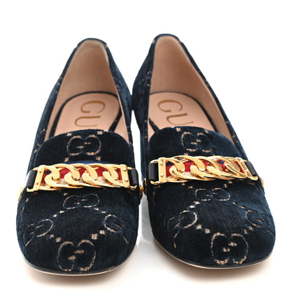 Gucci Velvet GG Monogram Sylvie Web Chain Mid Heel Loafers 37 Blue Beige 2 of 9