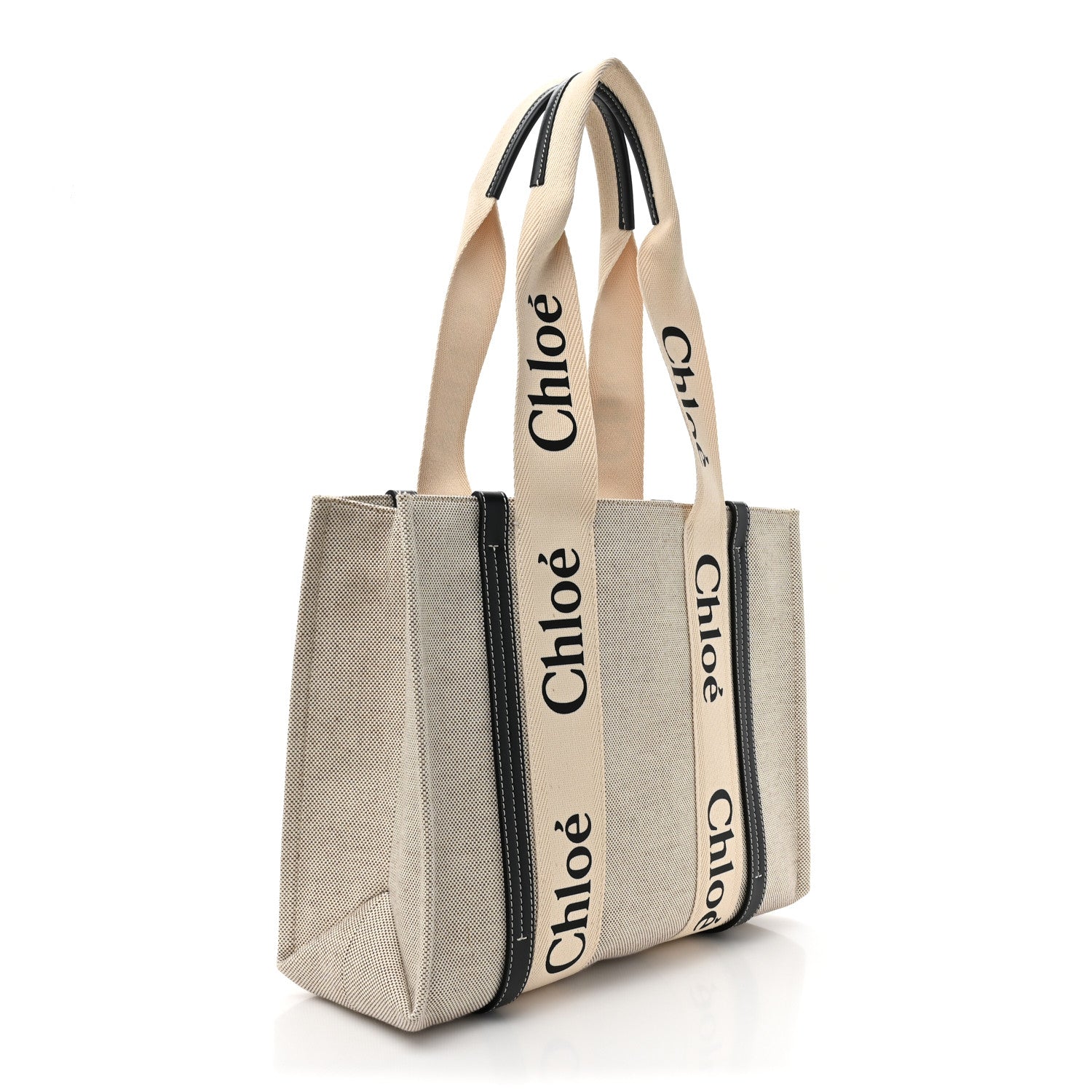 Chloe Cotton Calfskin Medium Woody Ribbon Tote White Black 3 of 8
