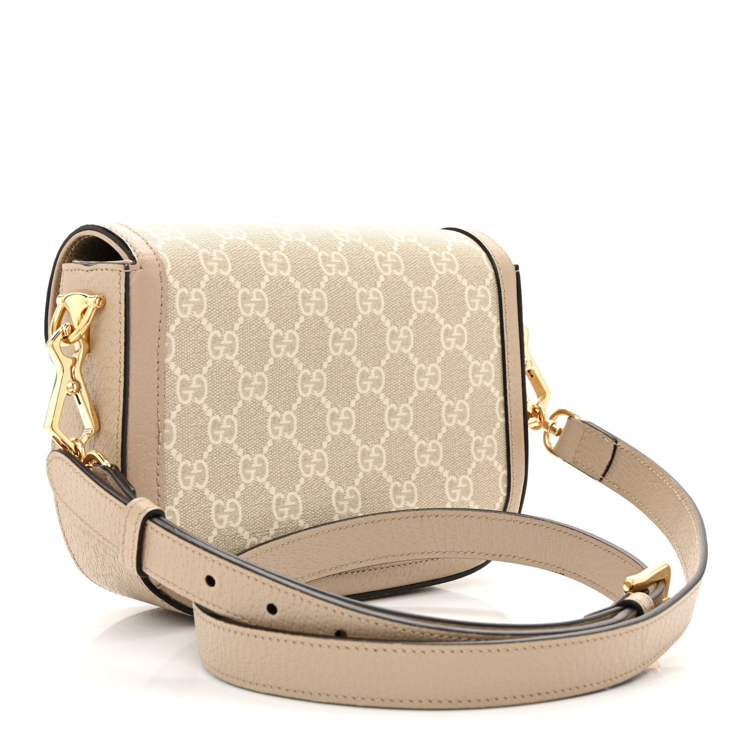 Gucci GG Supreme Monogram Textured Dollar Calfskin Web Mini Horsebit 1955 Shoulder Bag Beige Mystic White Oatmeal 3 of 12