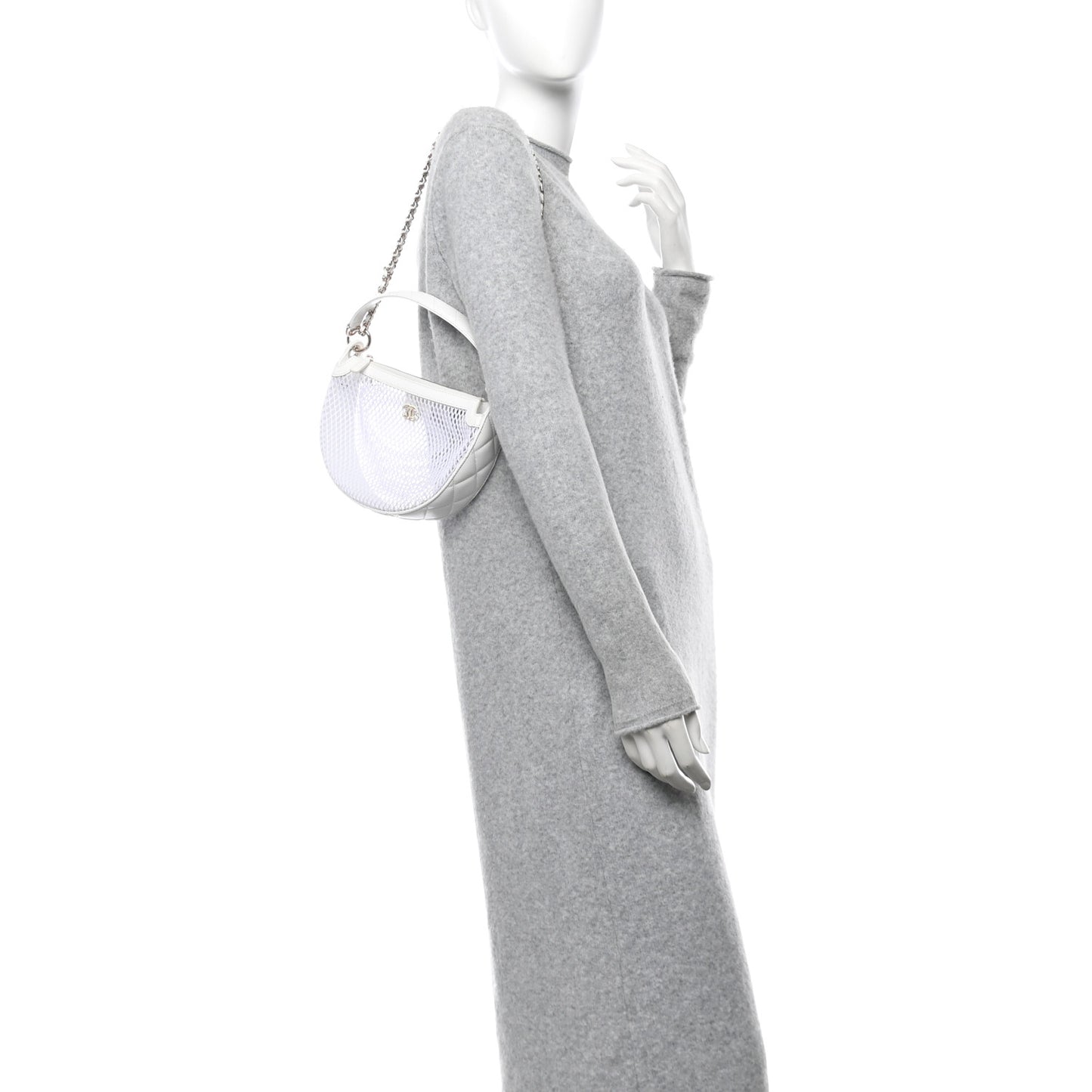 Mesh Shiny Lambskin Chain Hobo White