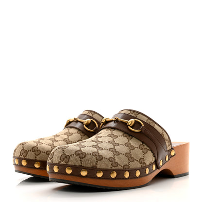 Gucci Monogram Quentin Goatskin Womens Horsebit Clog Mules 7 Beige Ebony Brown Sugar 3 of 10