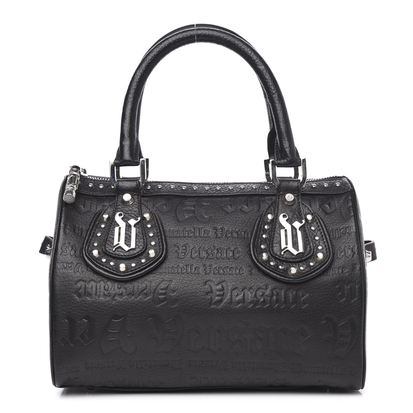 Calfskin Studded Logo Embossed Satchel Black