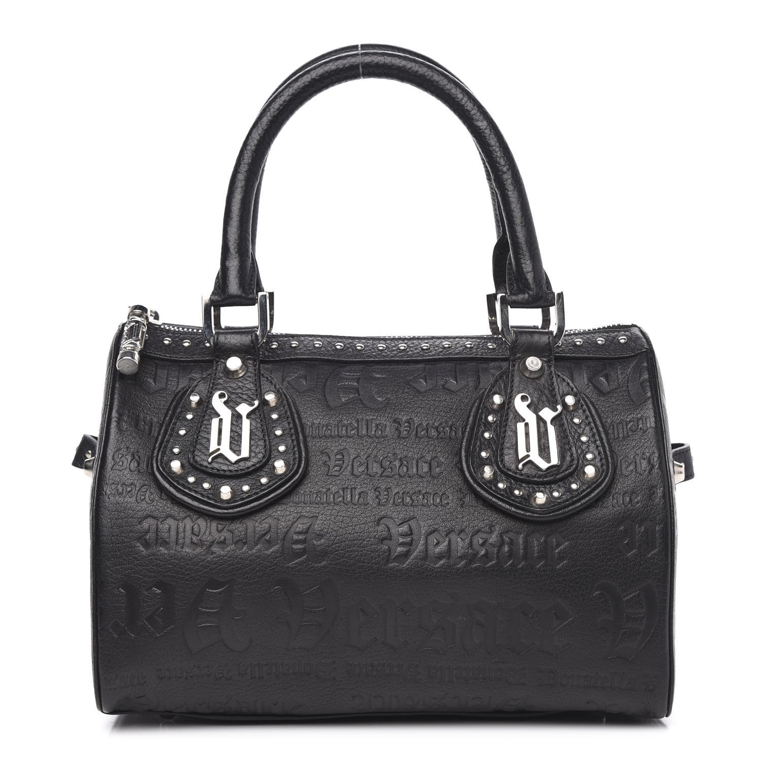 Versace Calfskin Studded Logo Embossed Satchel Black 1 of 9