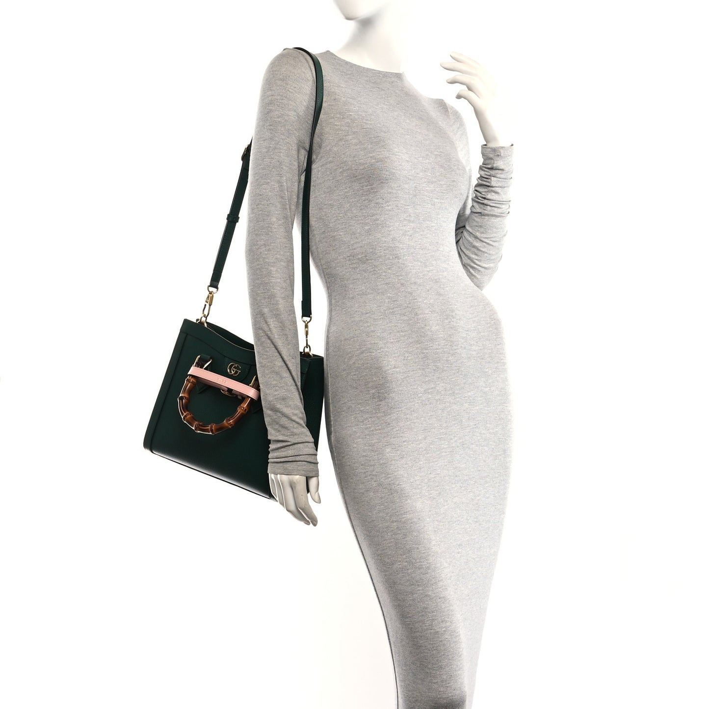 Textured Dollar Calfskin Web Small Diana Tote Bag Vintage Green Powder Pink