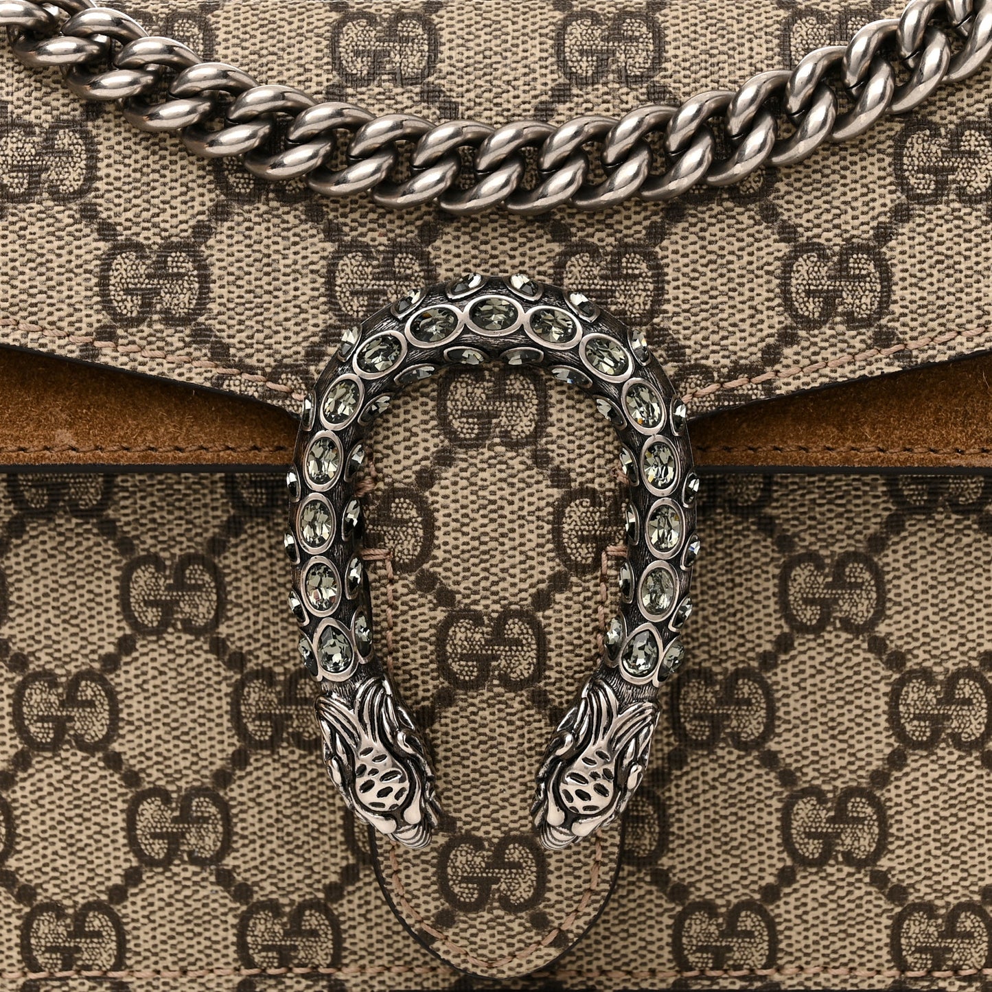 GG Supreme Monogram Suede Crystal Small Dionysus Shoulder Bag Beige Ebony Taupe