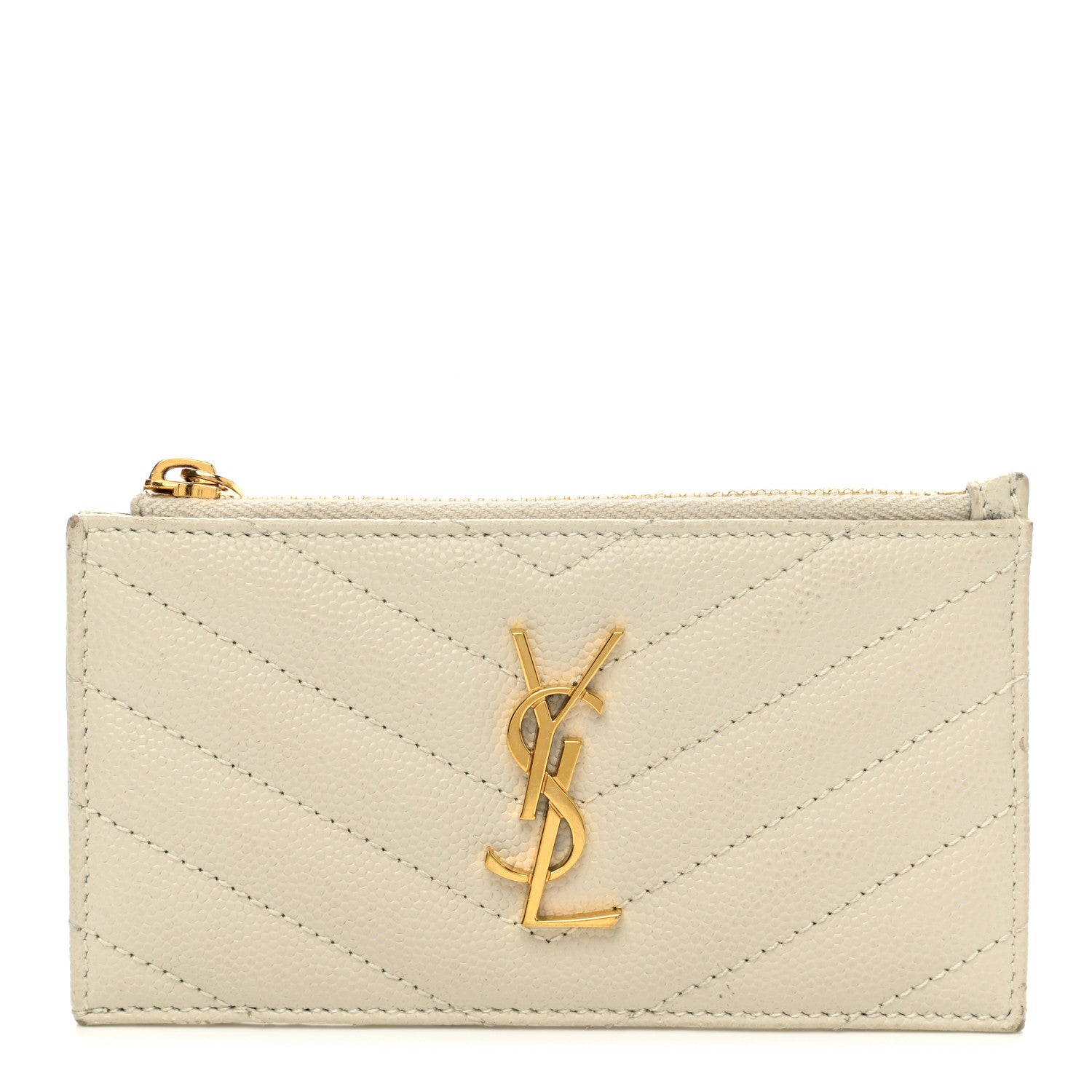 Saint Laurent Grain De Poudre Matelasse Chevron Monogram Fragments Zippered Card Case Blanc Vintage 1 of 12
