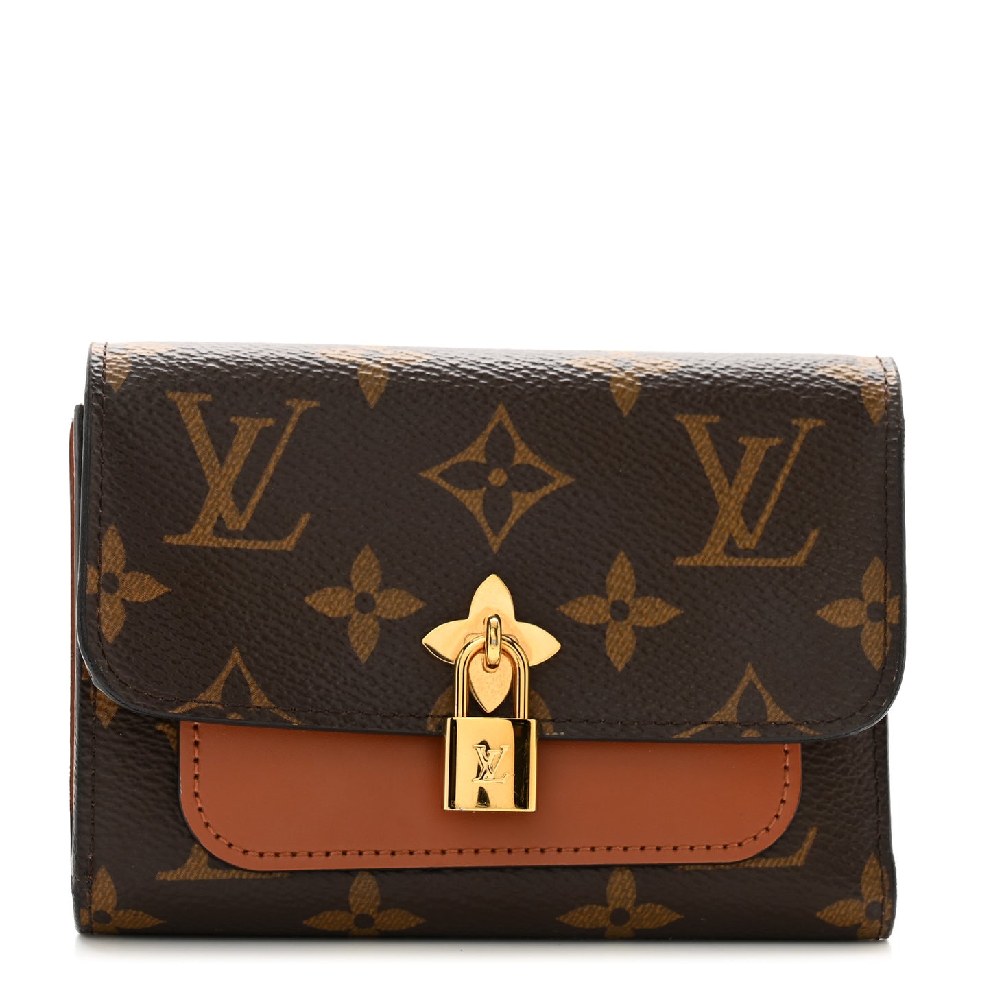 Monogram Flower Lock Compact Wallet Caramel