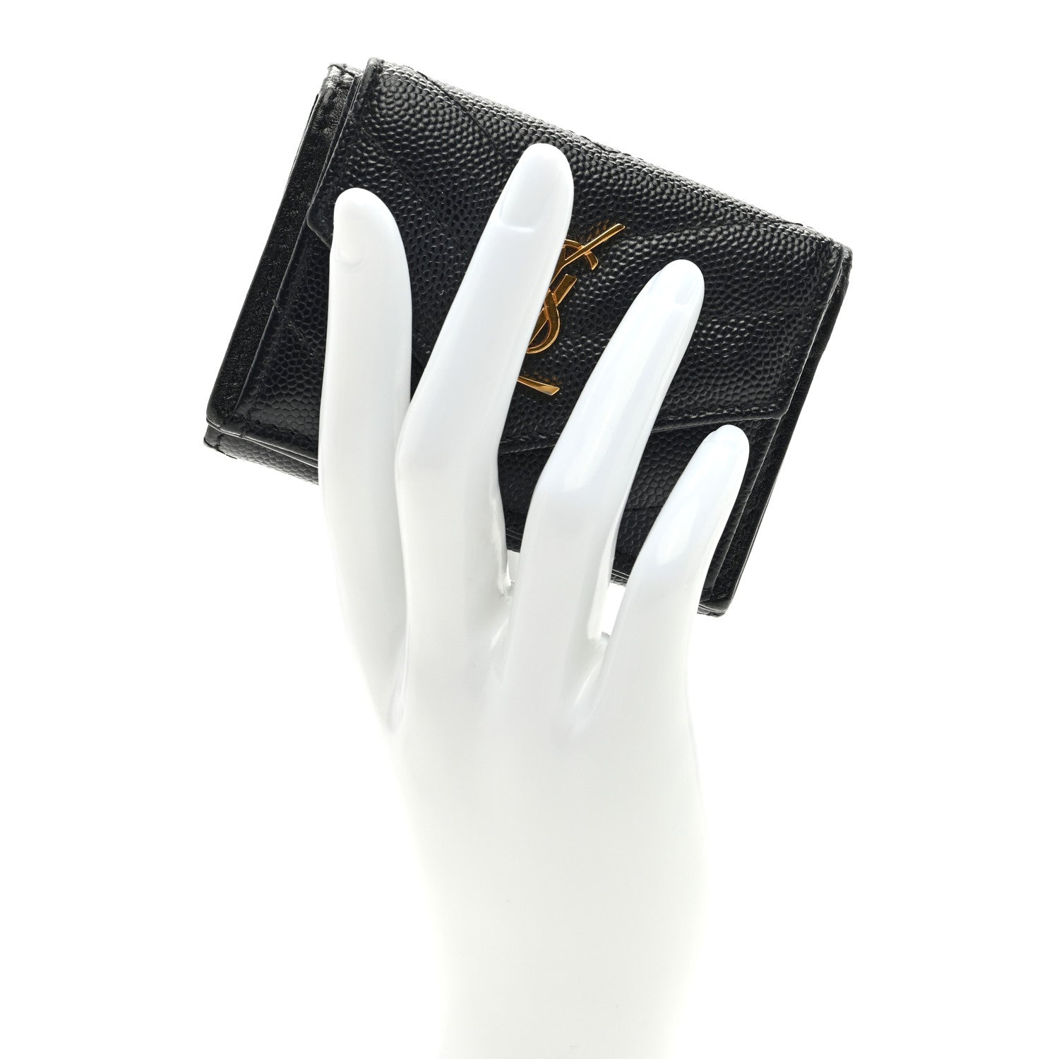 Saint Laurent Grain De Poudre Matelasse Chevron Monogram Compact Tri Fold Pocket Wallet Black 2 of 6
