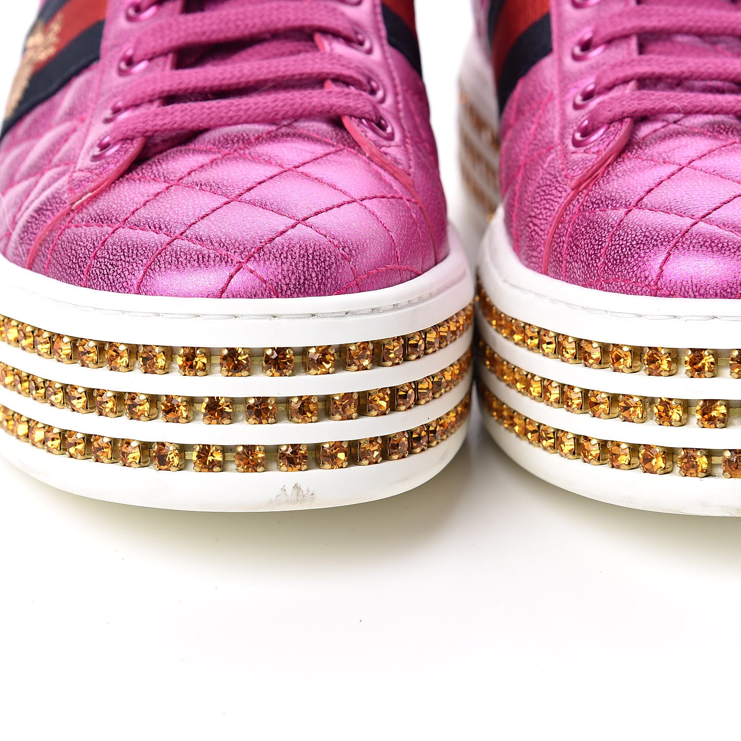 Gucci Laminated Nappa Crystal Web Bee Embroidered Trapuntata Womens Ace Platform Sneakers 38 Fuxia 10 of 10