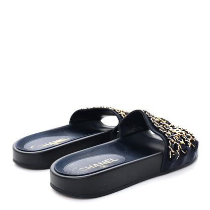 Chanel Satin Canvas Chain Slides Sandals Flats 38 Marine 5 of 9