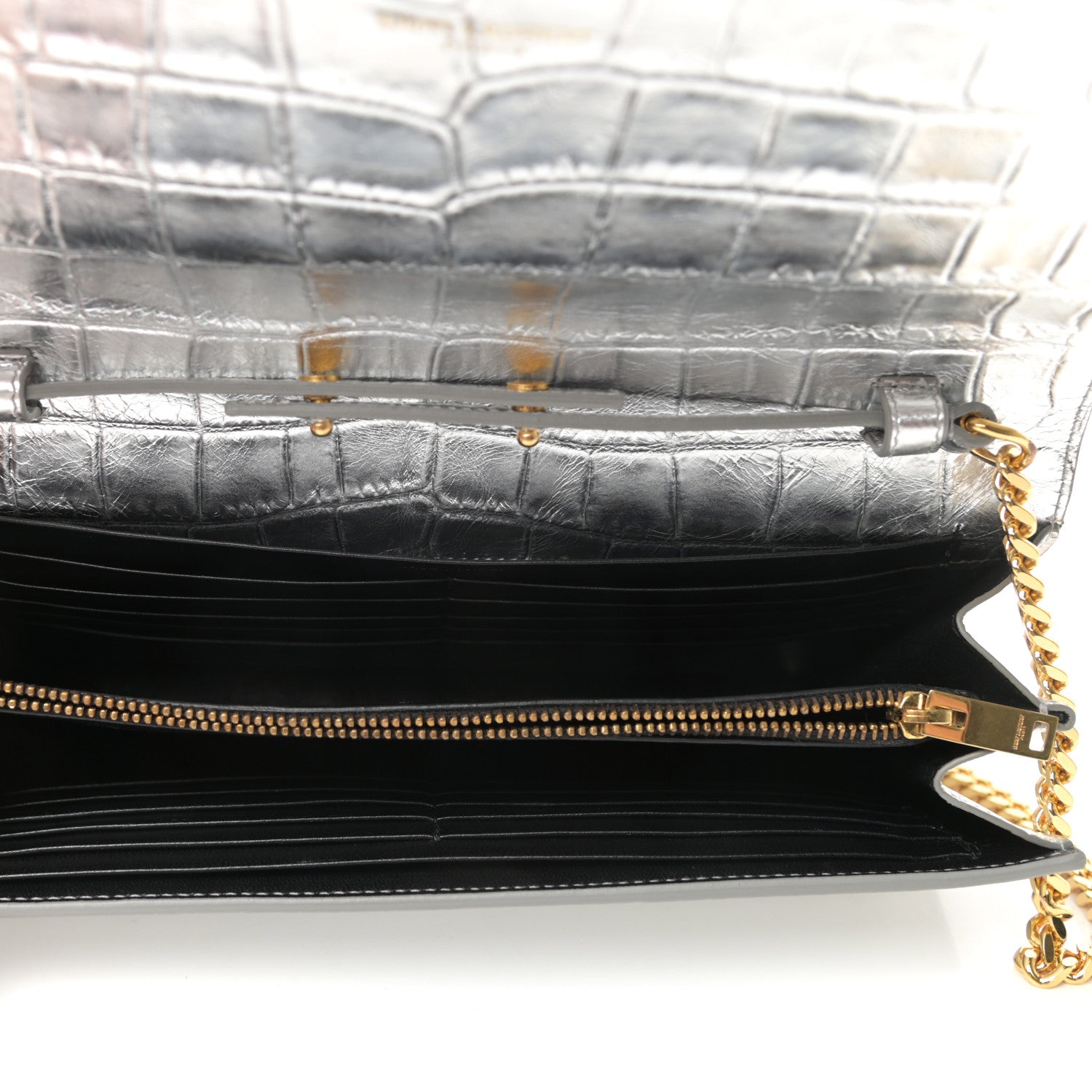 Saint Laurent Calfskin Crocodile Embossed Monogram Chain Wallet Argento 5 of 10