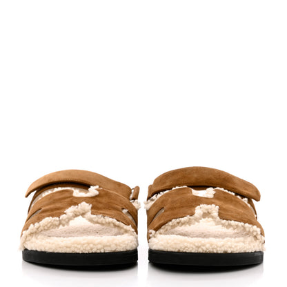 Hermes Suede Goatskin Woolskin Mens Chypre Sandals 43.5 Brun Fume Ecru 2 of 9