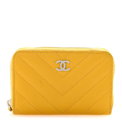 Chanel Caviar Chevron Quilted Zip Coin Purse Yellow 1 of 9