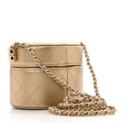 Chanel Metallic Lambskin Quilted Round Mini Vanity Case With Chain Gold 3 of 11