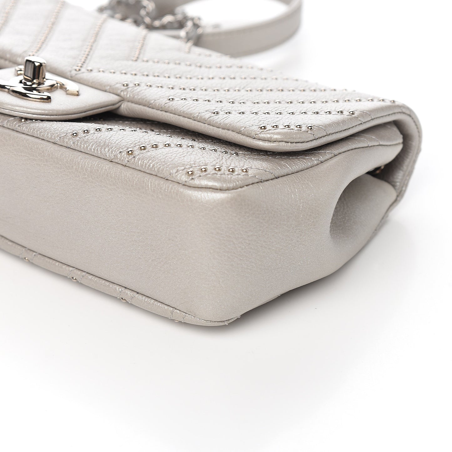 Calfskin Studded Chevron Quilted Small Stud Wars Flap Silver