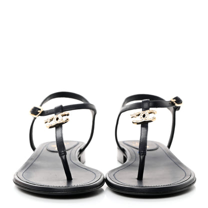 Chanel Lambskin Crystal CC Thong Sandals 37 Navy Blue 2 of 9